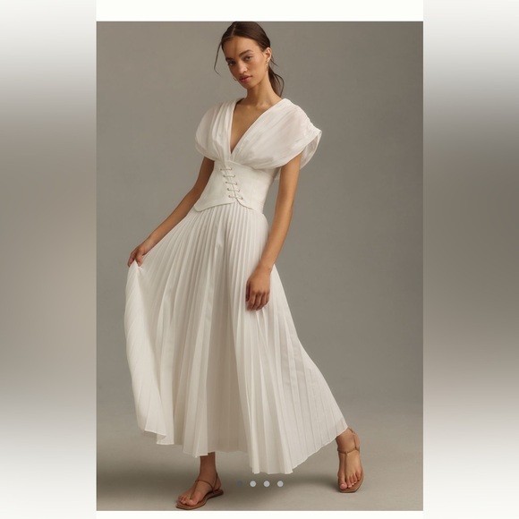 Aceler Anthropologie white Assymetric pleated midi gown - Picture 3 of 5